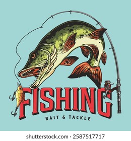 A colorful illustration features a large fish leaping out of the water with a fishing rod and lures prominently displayed. The design emphasizes the excitement of fishing.