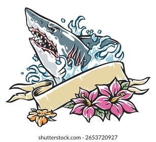 A colorful illustration features a shark's head emerging from the waves surrounded by pink and yellow flowers. The design combines elements of nature with a fierce ocean predator.