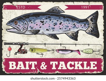 A colorful illustration features a trout alongside various fishing lures and equipment. This vintage design highlights the art of fishing established in 1991.