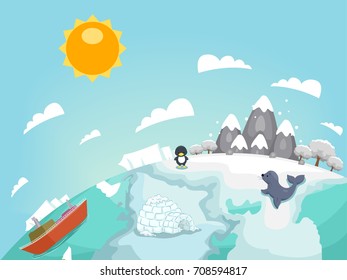 Colorful Illustration Featuring an Arctic Country Inhabited by a Penguin and a Seal