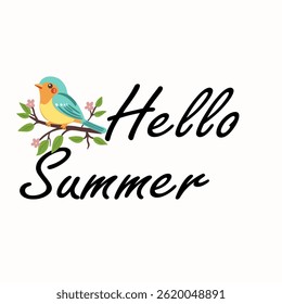 A colorful illustration featuring a bird perched on a branch with flowers, accompanied by the text 'Hello Summer' in a stylish font. The background is light and neutral.