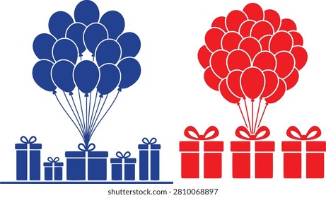 A colorful illustration featuring blue and red balloon bunches paired with gift boxes, presented in a distinctive silhouette style.