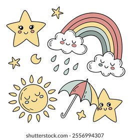 A colorful illustration featuring cheerful weather elements and symbols.