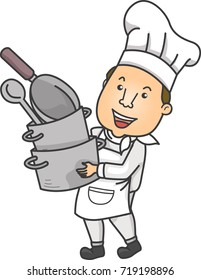 Colorful Illustration Featuring a Chef Carrying a Tall Stack of Cookware