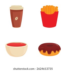 Colorful illustration featuring a coffee cup, fries, ketchup, and a chocolate donut