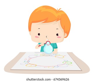 Colorful Illustration Featuring a Cute Little Boy Using a Bubble Blower to Spread Paint Across a Piece of Paper