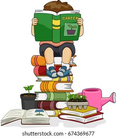 Colorful Illustration Featuring a Cute Little Boy Reading a Book While Sitting on a Pile of Books