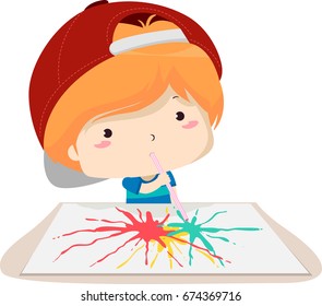 Colorful Illustration Featuring a Cute Little Boy Using a Straw to Spread Paint Across a Piece of Paper