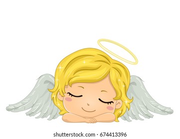 Colorful Illustration Featuring a Cute Little Winged Girl With a Halo on Her Head Sleeping Soundly