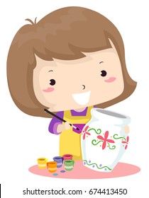 Colorful Illustration Featuring a Cute Little Girl Painting a Pot With Flowers