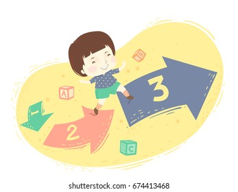 Colorful Illustration Featuring a Cute Little Boy Running Across a Floor Decorated With Arrows and Building Blocks With Numbers and Letters Printed on Them