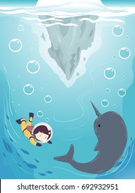 Colorful Illustration Featuring a Cute Little Girl in a Diving Suit Swimming Towards a Narwhal