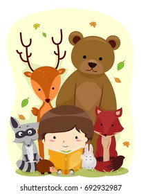 Colorful Illustration Featuring a Cute Little Boy Reading a Story to Woodland Animals