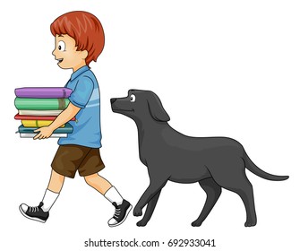 Colorful Illustration Featuring a Cute Little Boy Carrying a Pile of Books Being Followed by His Dog