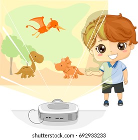 Colorful Illustration Featuring a Cute Little Boy Using a Projector to Make a Presentation About Dinosaurs