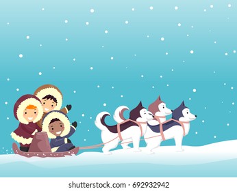 Colorful Illustration Featuring Cute Stickman Kids in Thick Parka Riding a Sled Being Pulled by Adorable Huskies