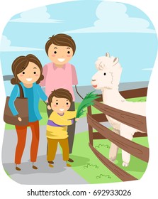 Colorful Illustration Featuring a Cute Stickman Kid Feeding an Alpaca as His Parents Watches On