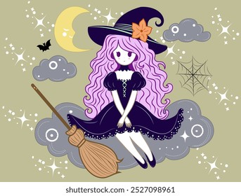 A colorful illustration featuring a cute Witch with purple hair, sitting on a broomstick, surrounded by stars, the moon, clouds, and a spiderweb. Perfect vector atwork for Halloween decorations. 