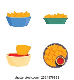 Ilustração colorida com diferentes tigelas de chips de tortilla e opções de mergulho