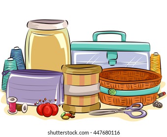 Colorful Illustration Featuring Different Containers for Sewing Materials