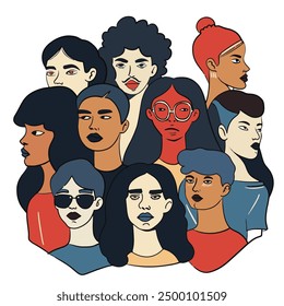 Colorful illustration featuring a diverse group of faces with various expressions, hairstyles, and skin tones, representing unity and diversity.
