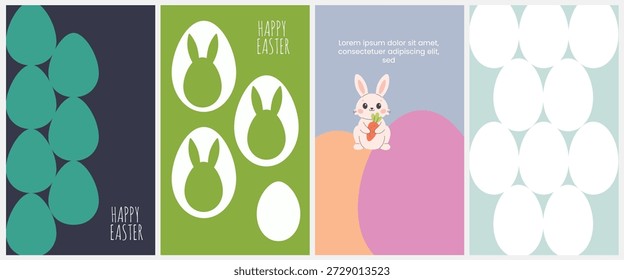 Eine farbenfrohe Illustration mit Ostereiern und einem Hasen in einer wunderschönen Umgebung mit verschiedenen Formen und Farben
