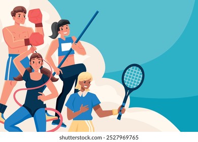A colorful illustration featuring four diverse athletes in various sports. 