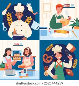 A colorful illustration featuring four panels of baking scenes. 