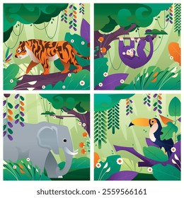 A colorful illustration featuring four panels of jungle animals. The top left shows a tiger walking through lush greenery.