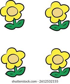 A colorful illustration featuring four yellow flowers with green leaves drawn in a charming cartoon style, expressing simplicity, nature, and creative art design.