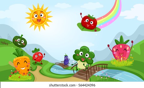 Colorful Illustration Featuring Fruit and Vegetable Mascots Playing Happily by a Stream