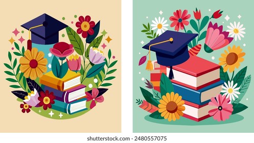 Bunte Illustration mit Abschlusskappe, Büchern und Blumen, die Bildung, Lernen und akademische Leistung in einem fröhlichen, lebendigen Design symbolisiert