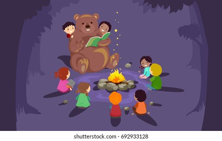 Colorful Illustration Featuring a Group of Stickman Kids Gathered Around a Brown Bear Reading a Bedtime Story at a Camp