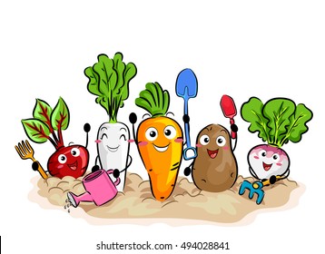 Colorful Illustration Featuring Happy Vegetables Using Different Gardening Tools