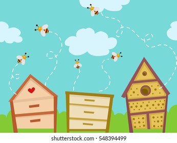 Colorful Illustration Featuring Honeybees Fluttering Around Homemade Bug Hotels