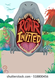 Colorful Illustration Featuring an Invitation Banner Decorated with a Dinosaur and a Prehistoric Landscape