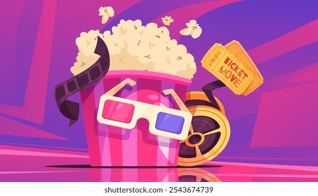 A colorful illustration featuring a large popcorn bucket, 3D glasses, movie tickets, and a film reel, set against a vibrant pink background.