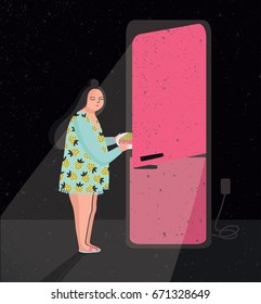 Colorful illustration featuring late night fridge raid. Sleepy woman is taking out pie from refrigerator. Eating at night. Cartoon vector illustration.