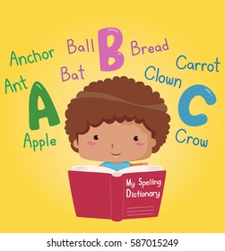 Colorful Illustration Featuring a Little Boy Reading a Spelling Dictionary