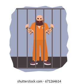 Colorful illustration featuring male prisoner under arrest. Angry man holding iron cell. Flat vector illustration.