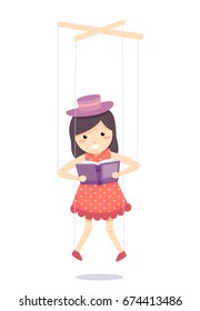 Colorful Illustration Featuring a Marionette Dressed Like a Little Girl Reading a Book