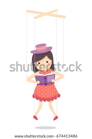 Colorful Illustration Featuring a Marionette Dressed Like a Little Girl Reading a Book