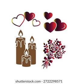 A colorful illustration featuring multiple hearts in various sizes and colors, three brown candles with melting wax and flames, and a bouquet of roses with leaves and bow, all on a pure white backgrou