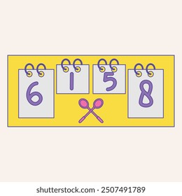 A colorful illustration featuring numbered flip cards and spoons, suggesting a playful theme.