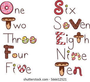 Colorful Illustration Featuring the Numbers One to Ten Drawn Like Different Types of Sweets