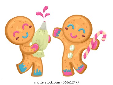 Ilustración colorida con un par de galletas de pan de jengibre jugando con una bolsita llena de hielo