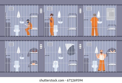 Colorful illustration featuring prisoners behind the bars. People in orange uniform. escape get out through wall in cell. Prison inmates. Flat cartoon vector.