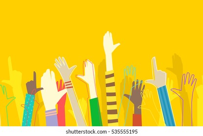 Colorful Illustration Featuring a Racially Diverse Group of Kids  With Their Hands Raised