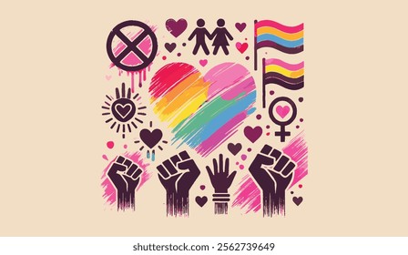 A colorful illustration featuring a rainbow heart, peace symbols, solidarity hands, and meaningful flags. Perfect for signs, art, and background designs