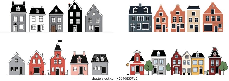A colorful illustration featuring rows of cartoon-style houses in various architectural designs and colors, set against a clean white background.
